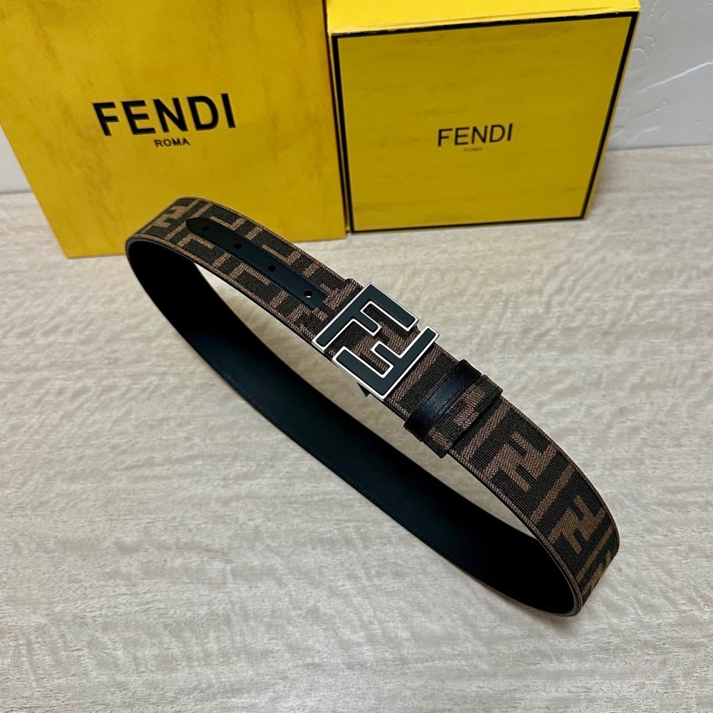 Fendi Brown FF Logo Canvas Belt with Silver Buckle